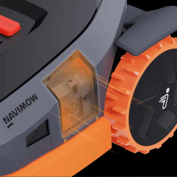 Close-up view of the Segway Navimow mower’s expansion port, showing the connection point for accessories like the weed trimmer attachment.