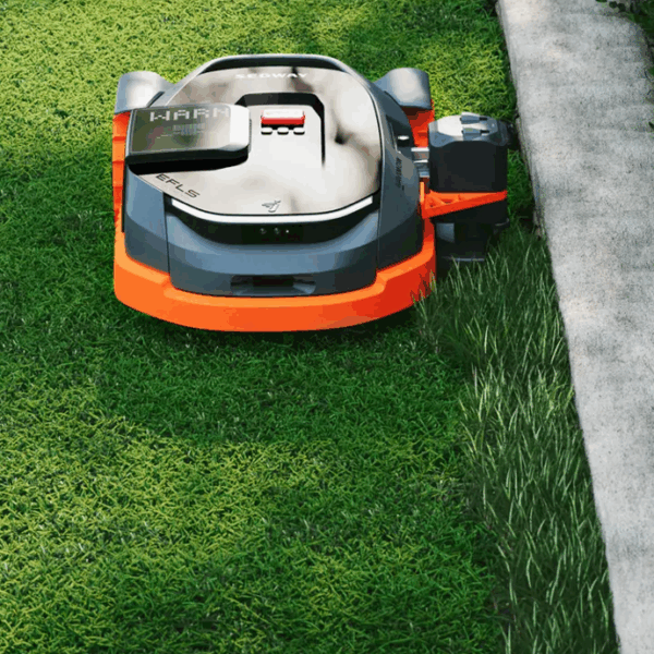 A robotic trimmer carefully edging along a flower bed, trimming grass with precision without disturbing the plants.